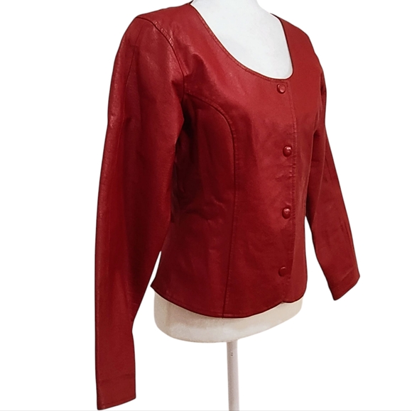 Vintage Styleworks Leather 90s 80s Fit Flare Powerful Boss Lady Red Jacket - 10 - Picture 4 of 9